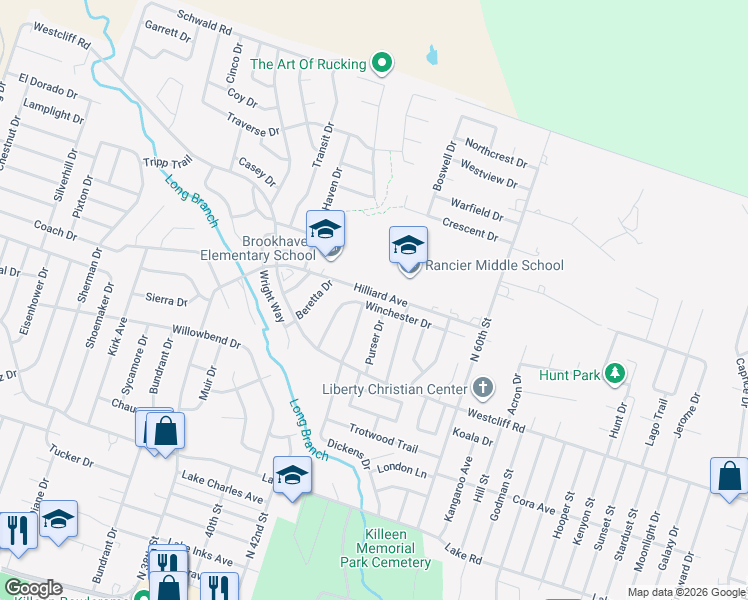 map of restaurants, bars, coffee shops, grocery stores, and more near 3507 Winchester Drive in Killeen