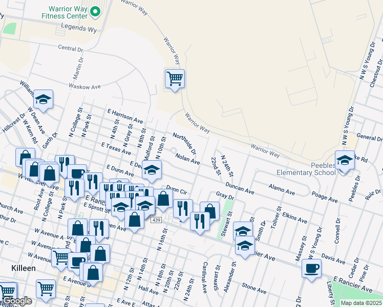 map of restaurants, bars, coffee shops, grocery stores, and more near 804 Northside Drive in Killeen