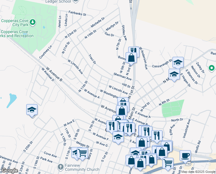 map of restaurants, bars, coffee shops, grocery stores, and more near 412 West Lincoln Avenue in Copperas Cove