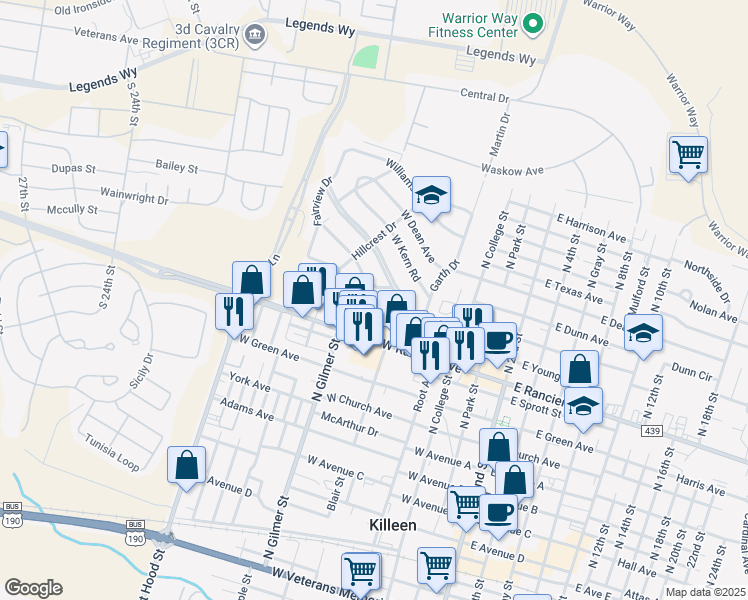 map of restaurants, bars, coffee shops, grocery stores, and more near 1020 North Gilmer Street in Killeen