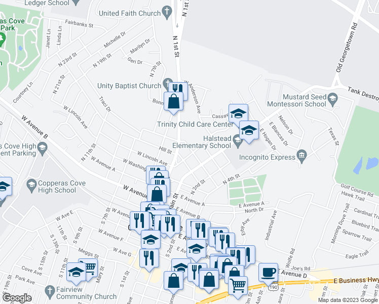 map of restaurants, bars, coffee shops, grocery stores, and more near 607 Hackberry Street in Copperas Cove