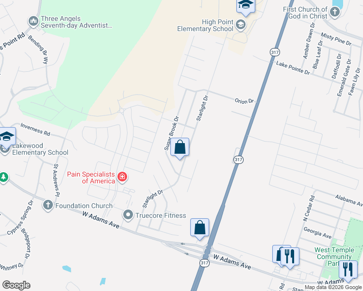map of restaurants, bars, coffee shops, grocery stores, and more near 723 Evergreen Farm Drive in Temple