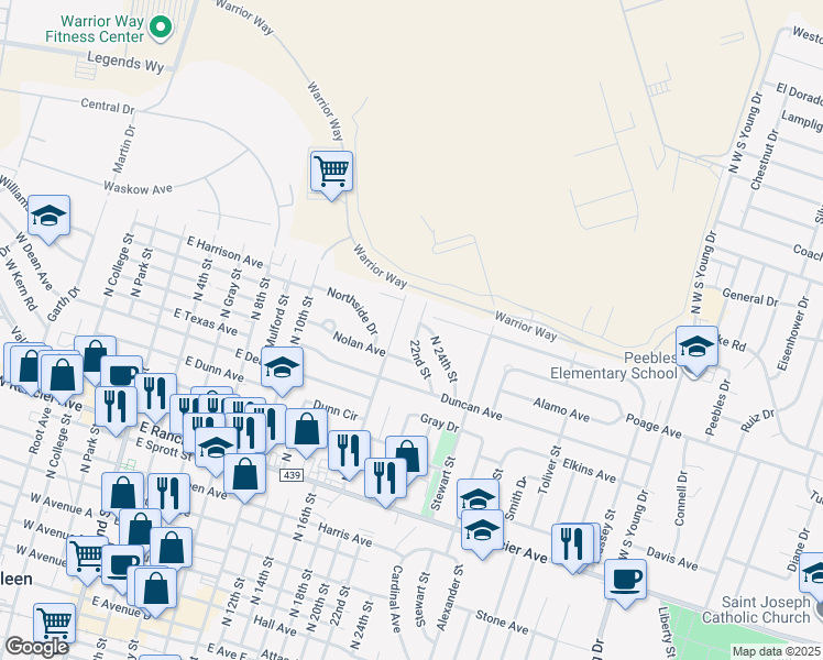 map of restaurants, bars, coffee shops, grocery stores, and more near 1711 North 22nd Street in Killeen