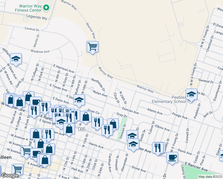 map of restaurants, bars, coffee shops, grocery stores, and more near 1711 North 22nd Street in Killeen
