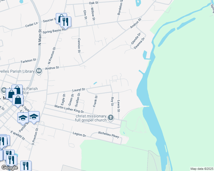 map of restaurants, bars, coffee shops, grocery stores, and more near 633 Laurel Street in Marksville