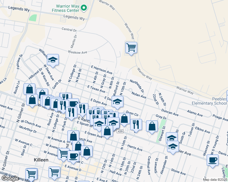 map of restaurants, bars, coffee shops, grocery stores, and more near 1507 North 8th Street in Killeen