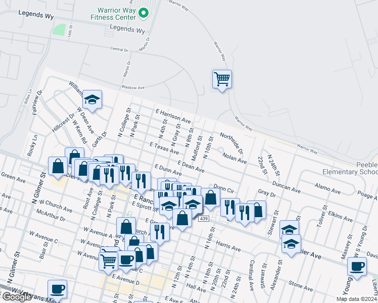 map of restaurants, bars, coffee shops, grocery stores, and more near 1507 North 8th Street in Killeen