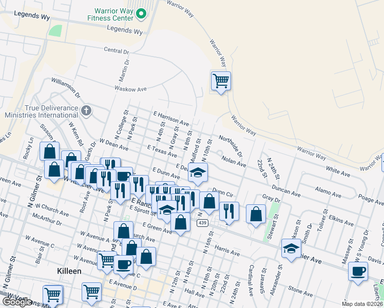 map of restaurants, bars, coffee shops, grocery stores, and more near 1507 North 8th Street in Killeen