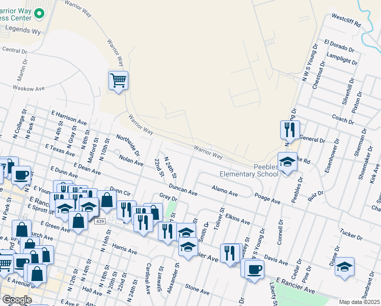 map of restaurants, bars, coffee shops, grocery stores, and more near 1305 White Avenue in Killeen