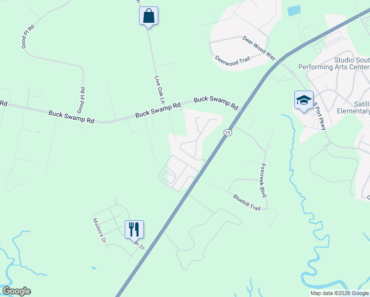 map of restaurants, bars, coffee shops, grocery stores, and more near 134 Satilla Sands Drive in Brunswick