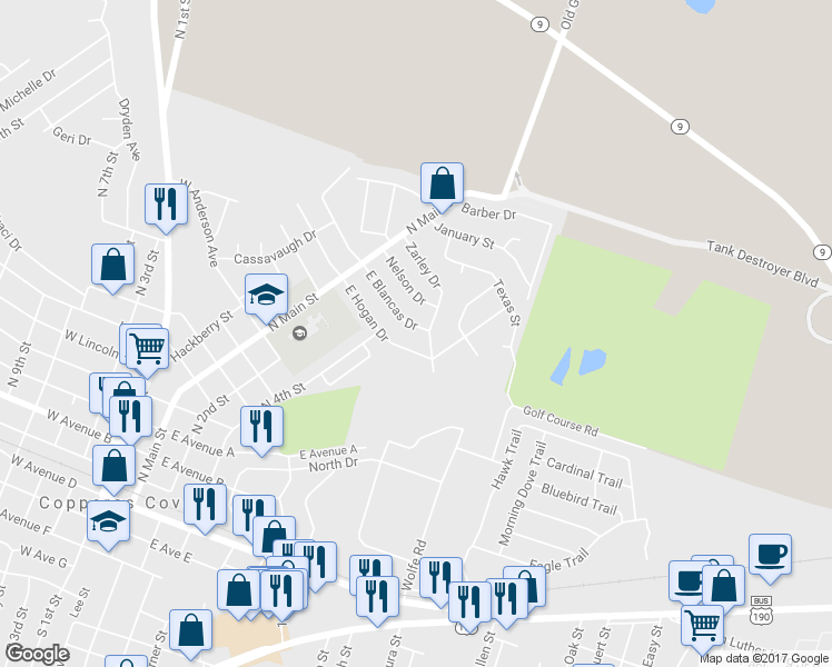 map of restaurants, bars, coffee shops, grocery stores, and more near 126 East Blancas Drive in Copperas Cove