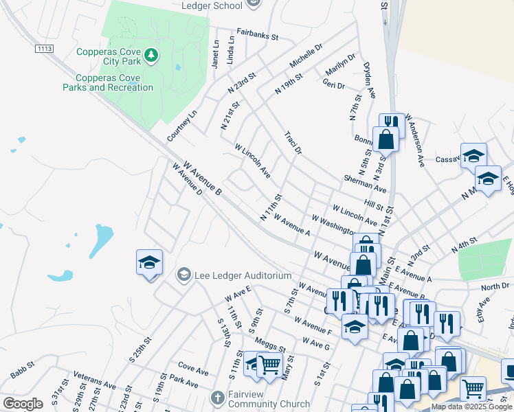 map of restaurants, bars, coffee shops, grocery stores, and more near 305 Dora Court in Copperas Cove