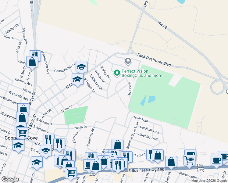 map of restaurants, bars, coffee shops, grocery stores, and more near 309 East Hogan Drive in Copperas Cove