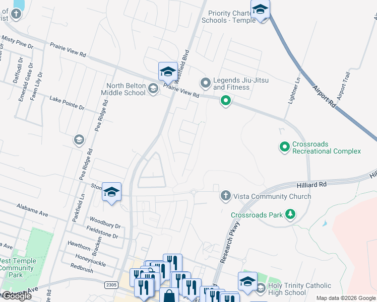 map of restaurants, bars, coffee shops, grocery stores, and more near 4702 Highmont Drive in Temple