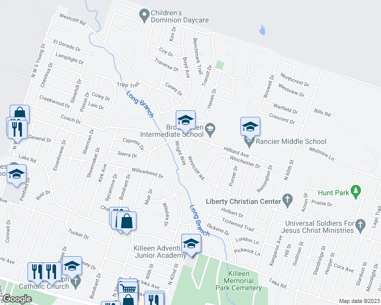 map of restaurants, bars, coffee shops, grocery stores, and more near 2102 Ruger Drive in Killeen