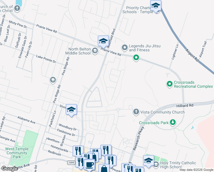 map of restaurants, bars, coffee shops, grocery stores, and more near 1104 Lakeway Crossing Drive in Temple
