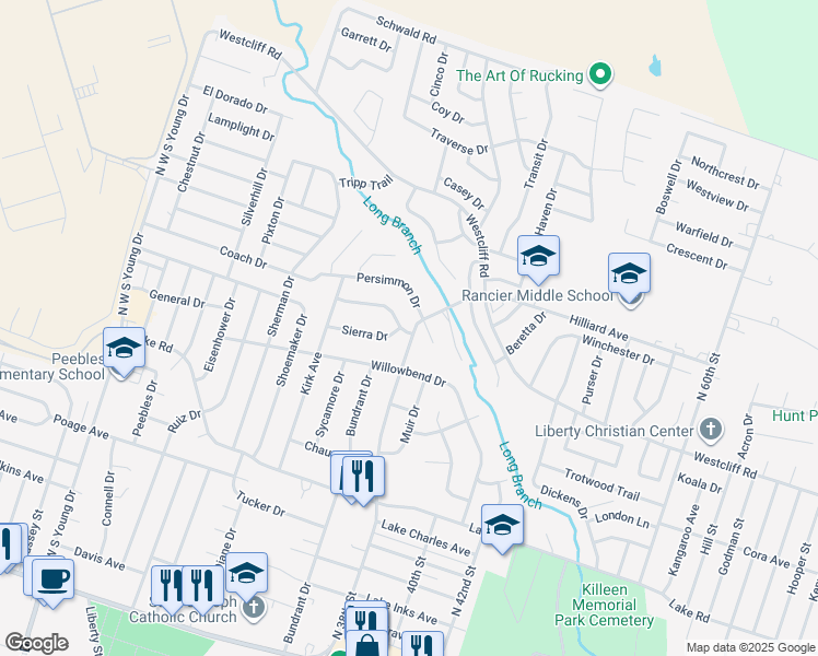 map of restaurants, bars, coffee shops, grocery stores, and more near 3043 Cypress Drive in Killeen