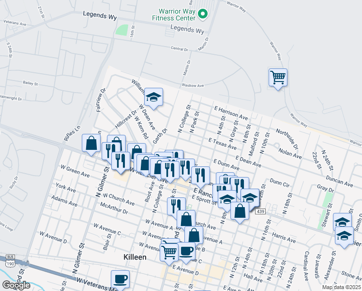 map of restaurants, bars, coffee shops, grocery stores, and more near 209 West Dunn Avenue in Killeen