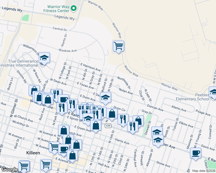 map of restaurants, bars, coffee shops, grocery stores, and more near 1605 North 10th Street in Killeen