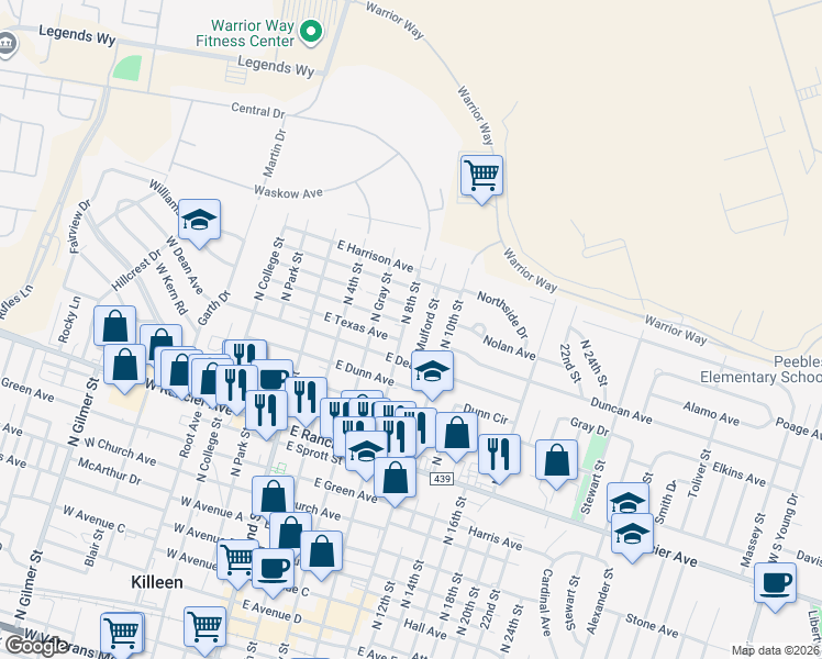 map of restaurants, bars, coffee shops, grocery stores, and more near 1507 North 8th Street in Killeen