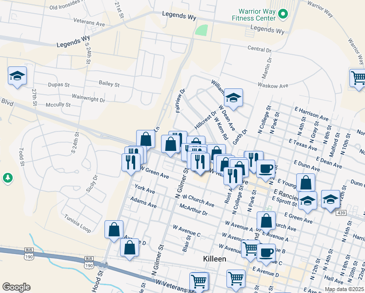 map of restaurants, bars, coffee shops, grocery stores, and more near 1104 Coffield Street in Killeen