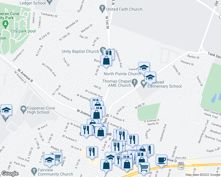map of restaurants, bars, coffee shops, grocery stores, and more near 204 West Truman Avenue in Copperas Cove