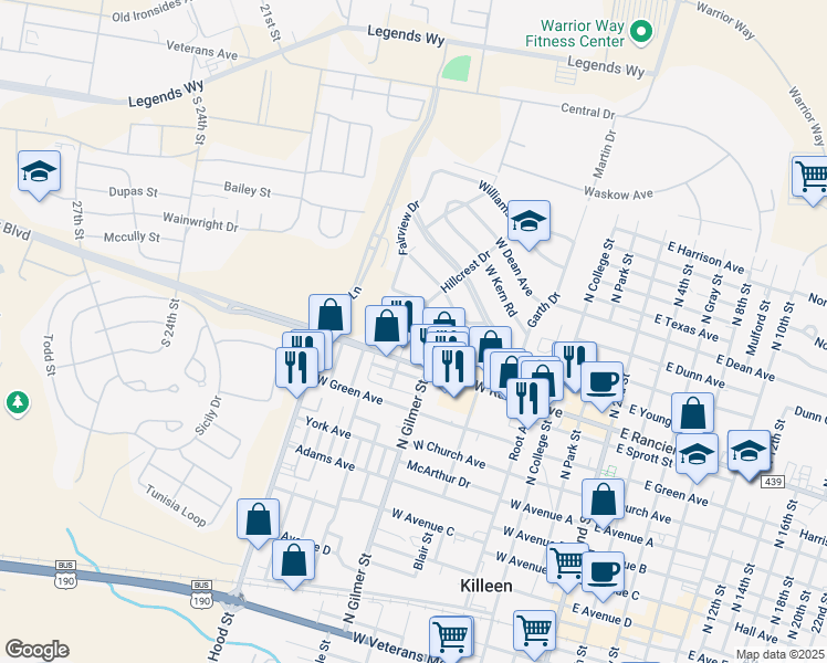 map of restaurants, bars, coffee shops, grocery stores, and more near 1104 Coffield Street in Killeen