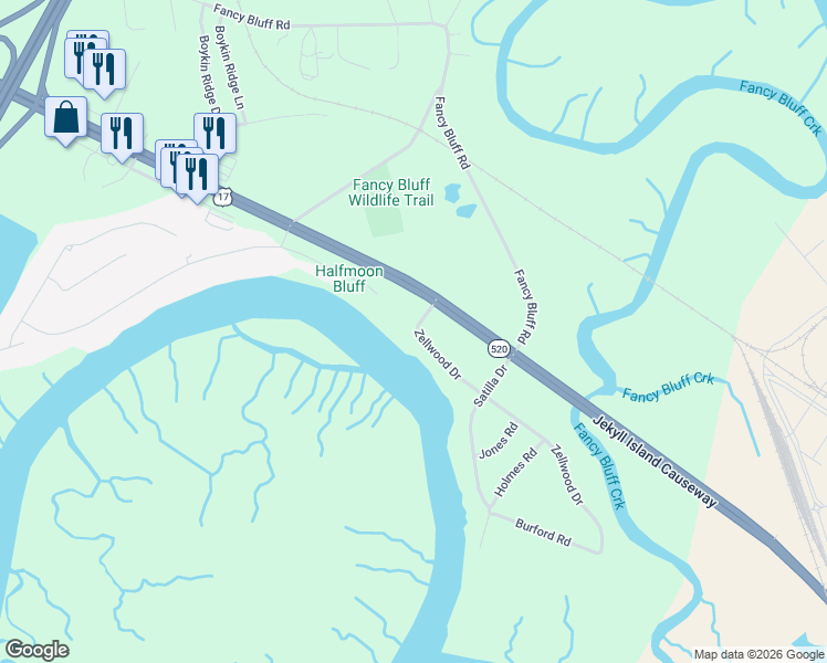 map of restaurants, bars, coffee shops, grocery stores, and more near 112 Zellwood Drive in Brunswick