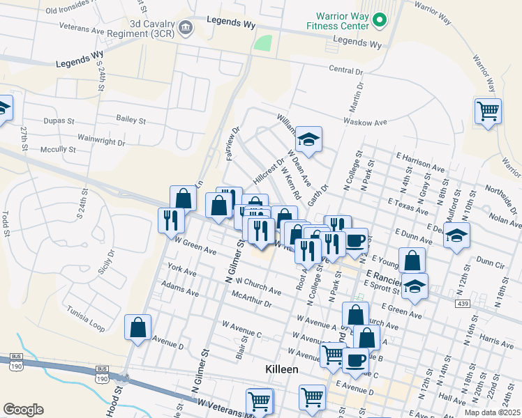 map of restaurants, bars, coffee shops, grocery stores, and more near 1020 North Gilmer Street in Killeen