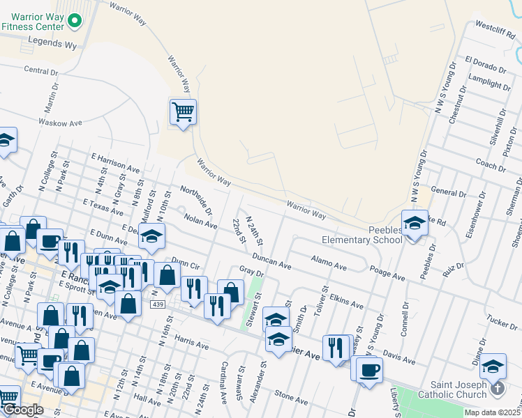 map of restaurants, bars, coffee shops, grocery stores, and more near 1204 White Avenue in Killeen