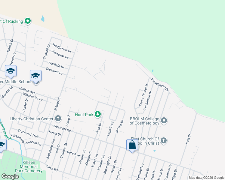 map of restaurants, bars, coffee shops, grocery stores, and more near 2516 Greenbriar Drive in Killeen