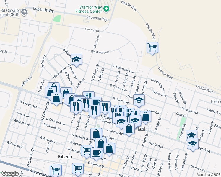 map of restaurants, bars, coffee shops, grocery stores, and more near 109 East Dean Avenue in Killeen