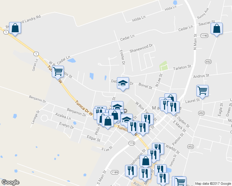 map of restaurants, bars, coffee shops, grocery stores, and more near 489 West Bon Temps Street in Marksville