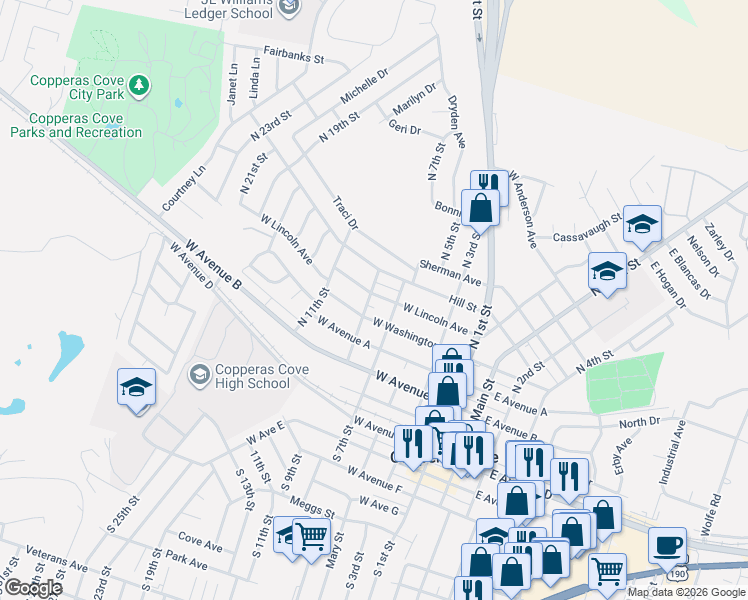 map of restaurants, bars, coffee shops, grocery stores, and more near 602 West Washington Avenue in Copperas Cove