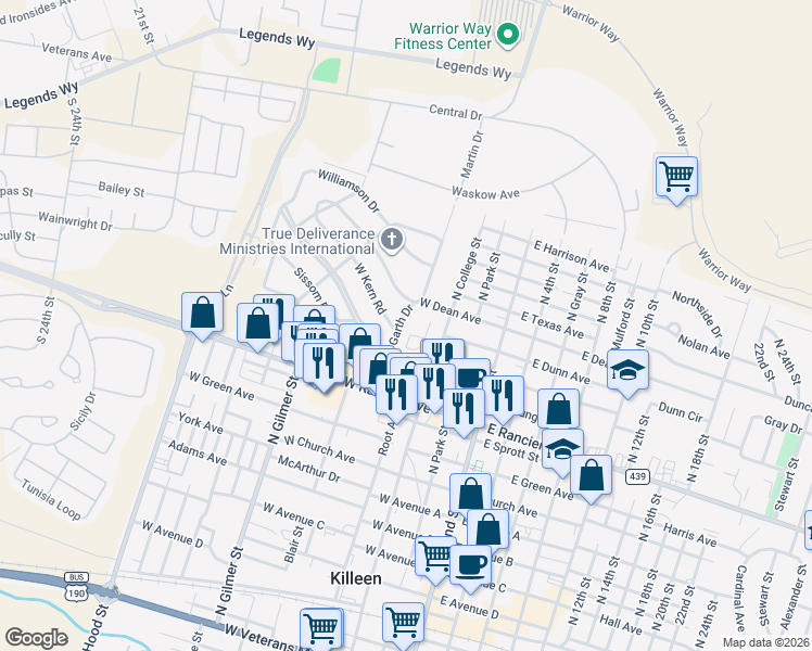 map of restaurants, bars, coffee shops, grocery stores, and more near 1201 North College Street in Killeen