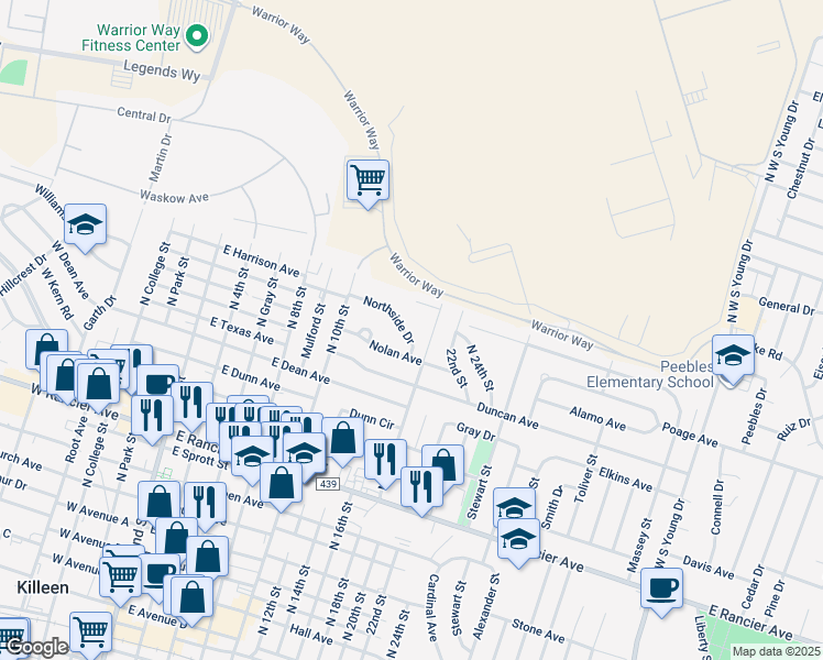 map of restaurants, bars, coffee shops, grocery stores, and more near 804 Northside Drive in Killeen