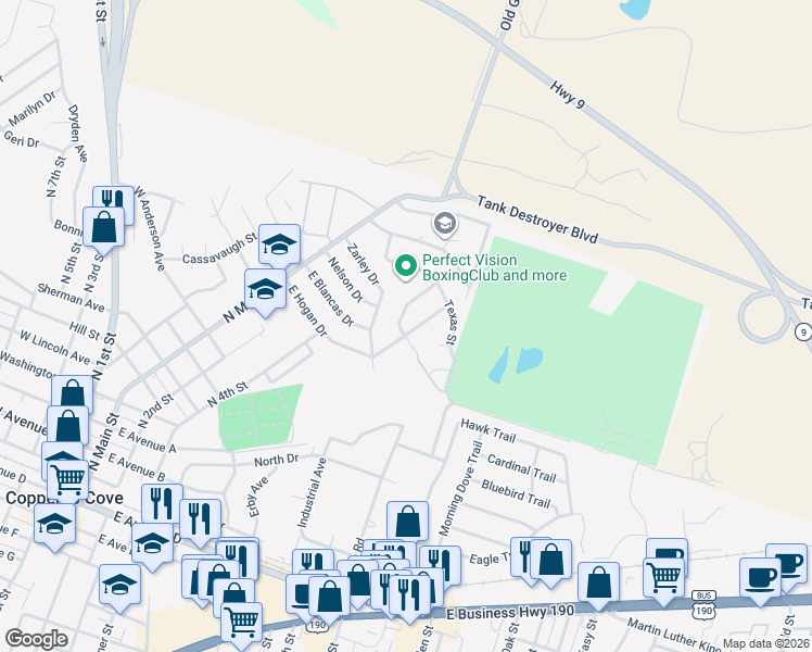 map of restaurants, bars, coffee shops, grocery stores, and more near 309 East Hogan Drive in Copperas Cove