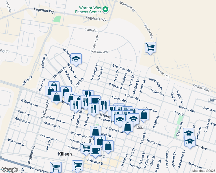 map of restaurants, bars, coffee shops, grocery stores, and more near 109 East Dean Avenue in Killeen