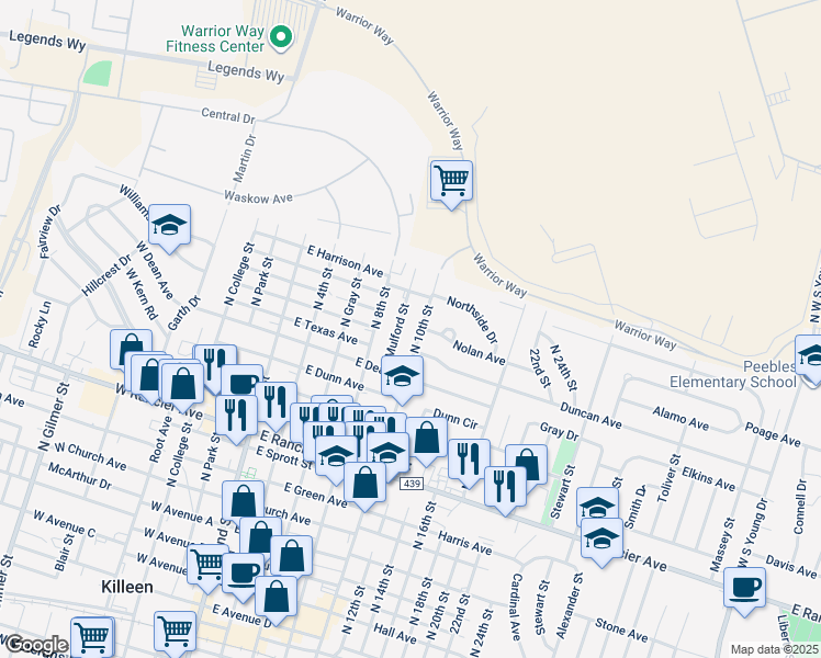 map of restaurants, bars, coffee shops, grocery stores, and more near 1605 North 10th Street in Killeen