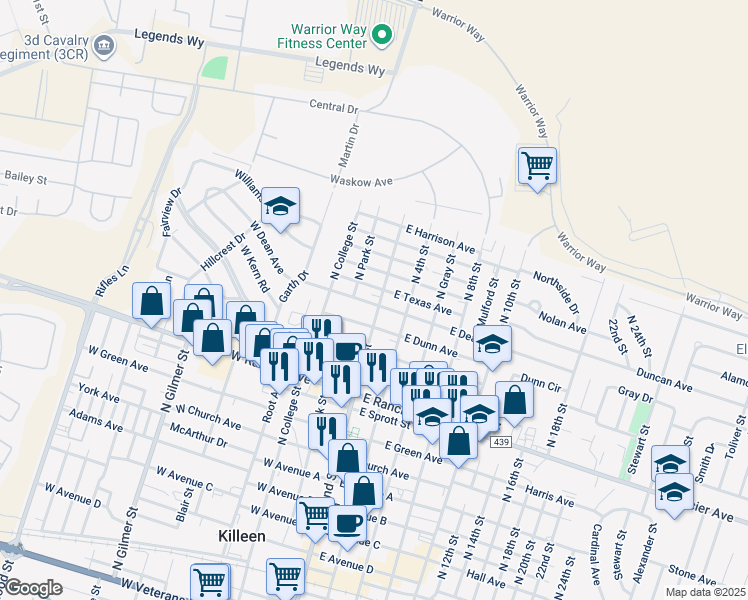 map of restaurants, bars, coffee shops, grocery stores, and more near 1403 North 2nd Street in Killeen