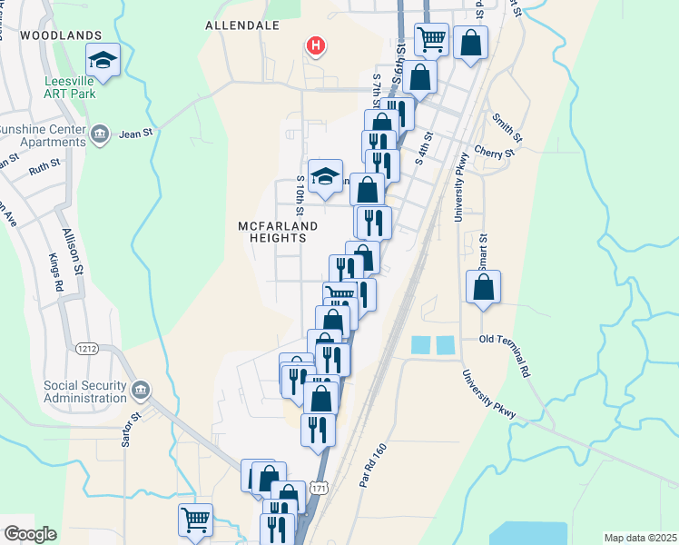 map of restaurants, bars, coffee shops, grocery stores, and more near 212 Concord Avenue in Leesville