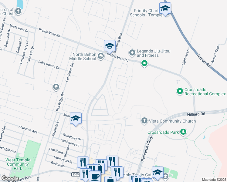map of restaurants, bars, coffee shops, grocery stores, and more near 1104 Lakeway Crossing Drive in Temple