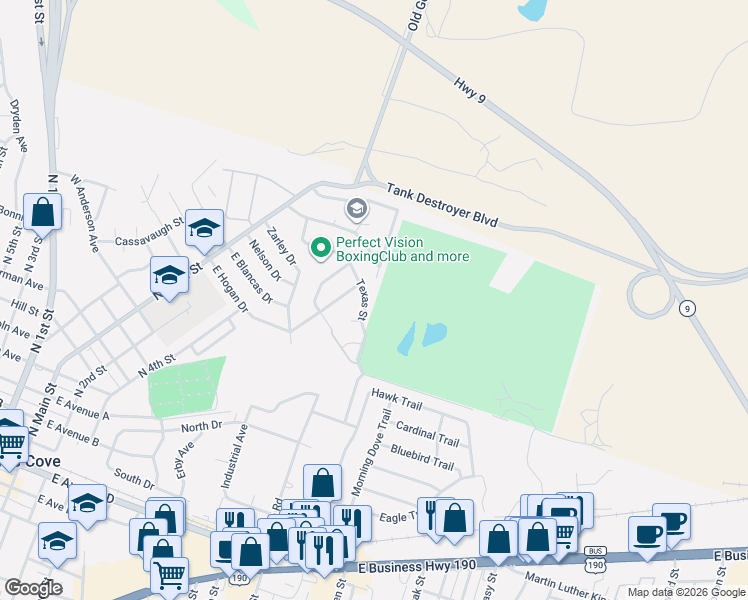 map of restaurants, bars, coffee shops, grocery stores, and more near 204 Texas Street in Copperas Cove
