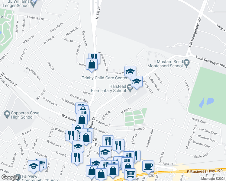map of restaurants, bars, coffee shops, grocery stores, and more near in Copperas Cove