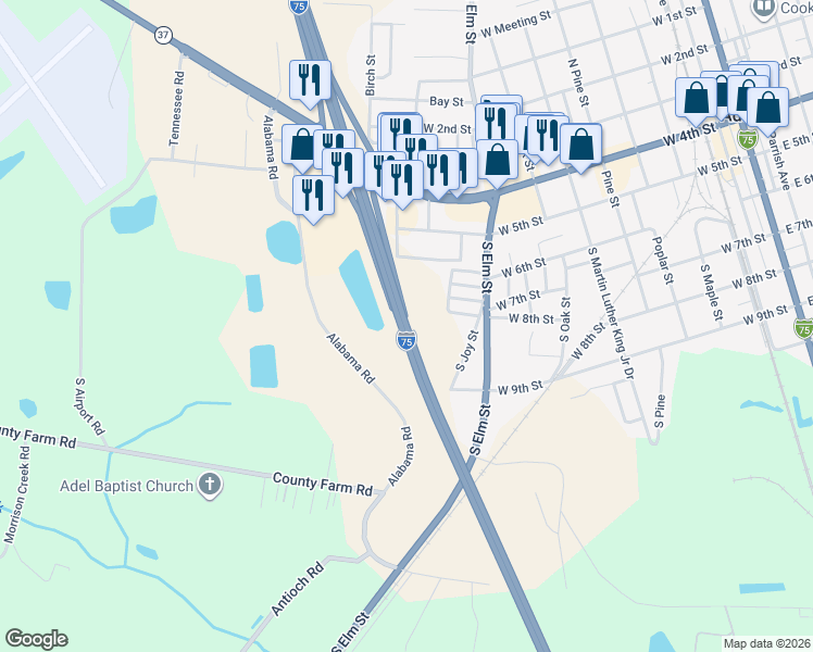 map of restaurants, bars, coffee shops, grocery stores, and more near Georgia 401 in Adel