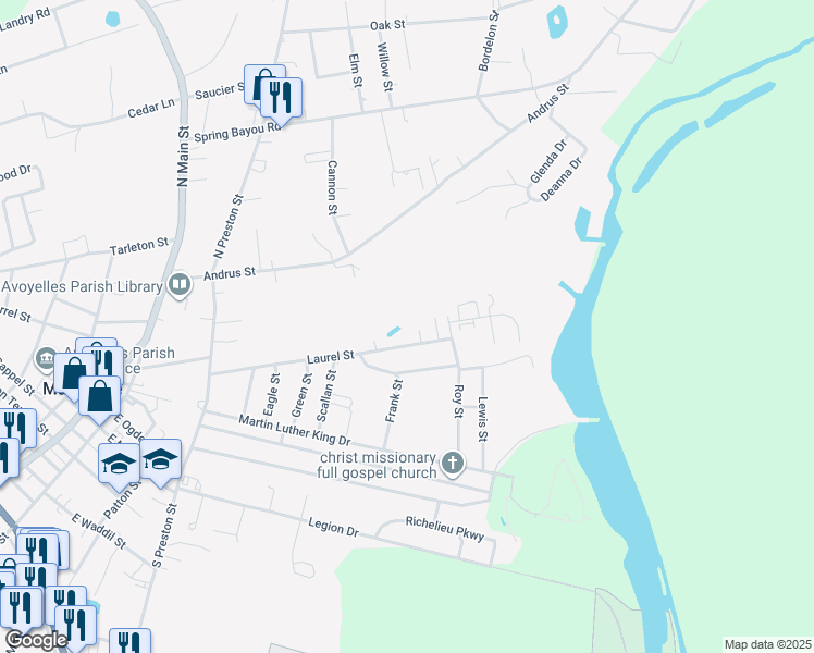 map of restaurants, bars, coffee shops, grocery stores, and more near 633-849 Laurel Street in Marksville