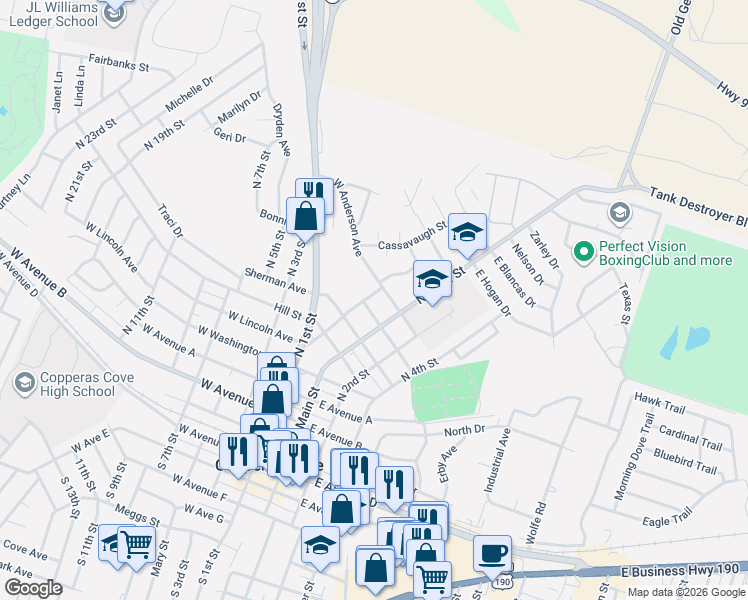 map of restaurants, bars, coffee shops, grocery stores, and more near 802 Hackberry Street in Copperas Cove