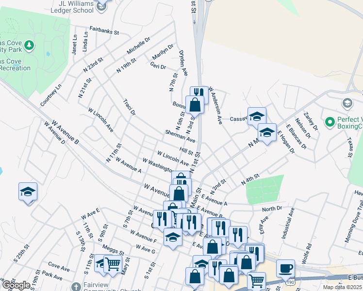 map of restaurants, bars, coffee shops, grocery stores, and more near 201 Hill Street in Copperas Cove