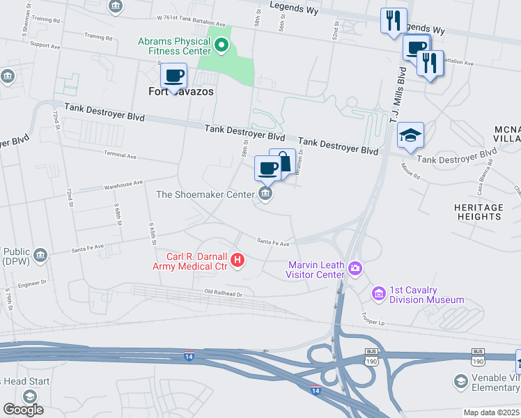 map of restaurants, bars, coffee shops, grocery stores, and more near Darnall Loop in Fort Hood