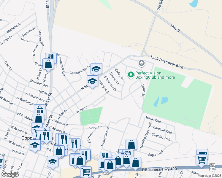 map of restaurants, bars, coffee shops, grocery stores, and more near 202 East Hogan Drive in Copperas Cove